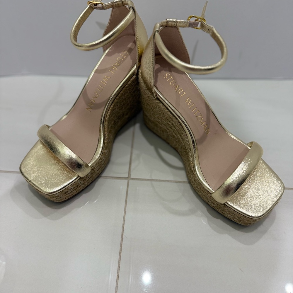 Stuart Weitzman Gold Metallic Wedge Sandals